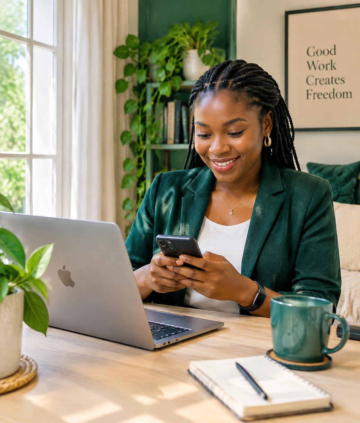 Young woman working remotely, typing messages on her smartphone at a home desk