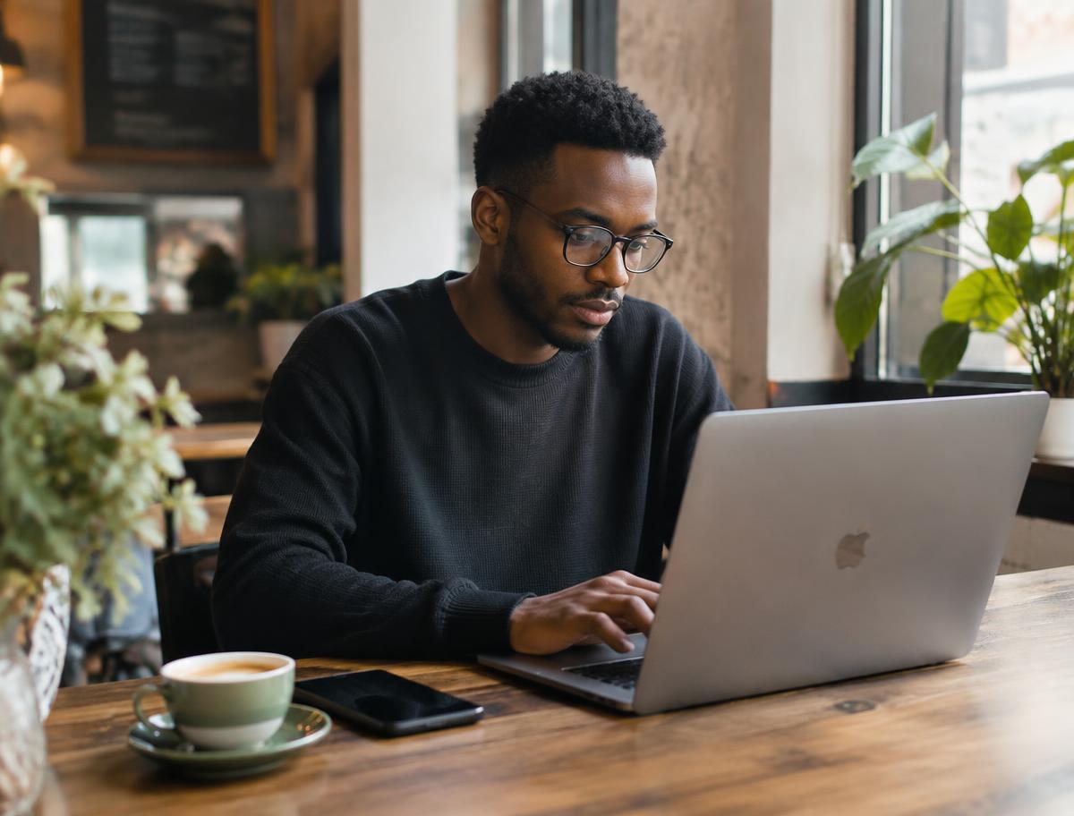 Young man working remotely on a laptop at a cafe